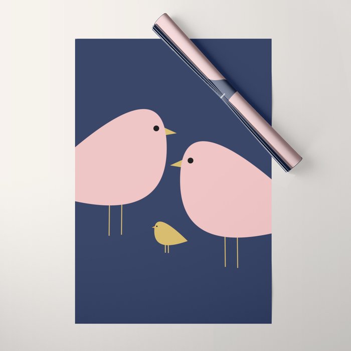 Bird Family in Pink, Navy Blue, and Mustard -  Minimalist Scandinavian Mid-Century Modern Design Wrapping Paper Gallery Image 1