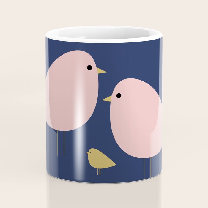 Bird Family in Pink, Navy Blue, and Mustard -  Minimalist Scandinavian Mid-Century Modern Design Coffee Mug Gallery Image 4