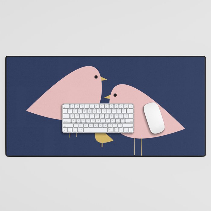 Bird Family in Pink, Navy Blue, and Mustard -  Minimalist Scandinavian Mid-Century Modern Design Desk Mat Gallery Image 1