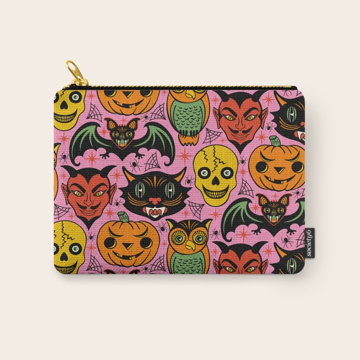 Retro Halloween in Pink - Skull Black Cat Devil Pumpkin Bat Owl Motifs Carry All Pouch Gallery Image 1