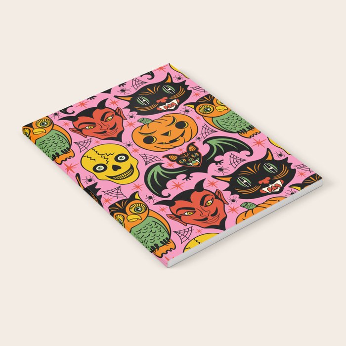 Retro Halloween in Pink - Skull Black Cat Devil Pumpkin Bat Owl Motifs Notebook Gallery Image 2