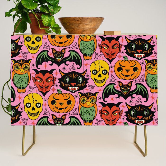 Retro Halloween in Pink - Skull Black Cat Devil Pumpkin Bat Owl Motifs Credenza Gallery Image 1
