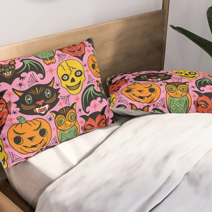 Retro Halloween in Pink - Skull Black Cat Devil Pumpkin Bat Owl Motifs Pillow Sham Gallery Image 2