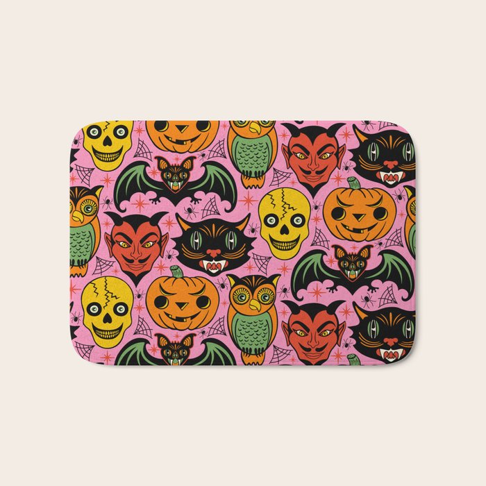 Retro Halloween in Pink - Skull Black Cat Devil Pumpkin Bat Owl Motifs Bath Mat Gallery Image 1