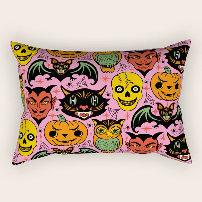 Retro Halloween in Pink - Skull Black Cat Devil Pumpkin Bat Owl Motifs Rectangular Pillow Gallery Image 2
