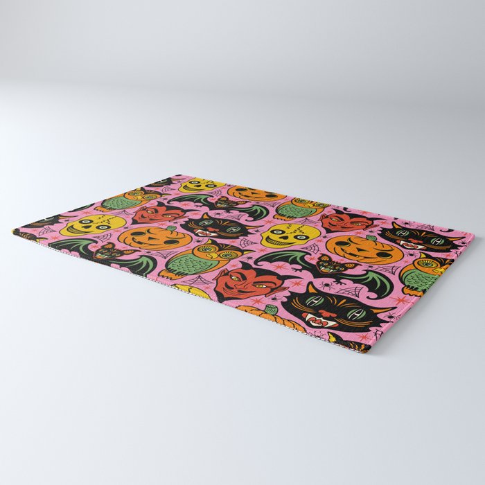 Retro Halloween in Pink - Skull Black Cat Devil Pumpkin Bat Owl Motifs Rug Gallery Image 3