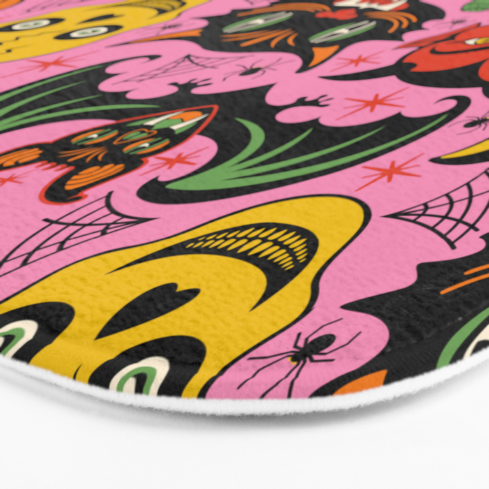 Retro Halloween in Pink - Skull Black Cat Devil Pumpkin Bat Owl Motifs Bath Mat Gallery Image 3