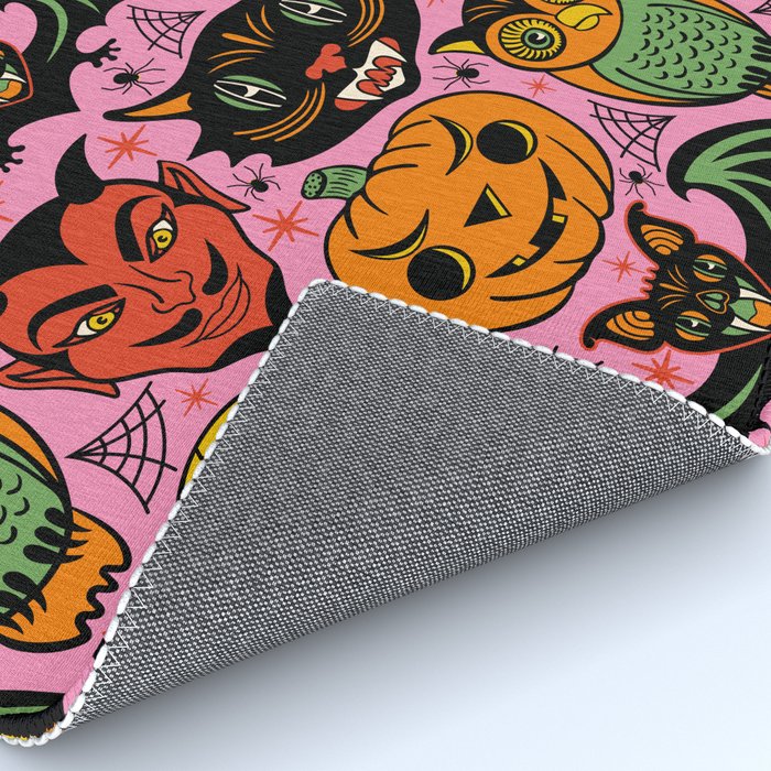 Retro Halloween in Pink - Skull Black Cat Devil Pumpkin Bat Owl Motifs Rug Gallery Image 4