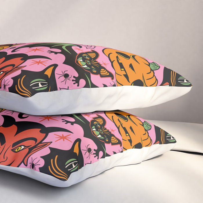 Retro Halloween in Pink - Skull Black Cat Devil Pumpkin Bat Owl Motifs Pillow Sham Gallery Image 3
