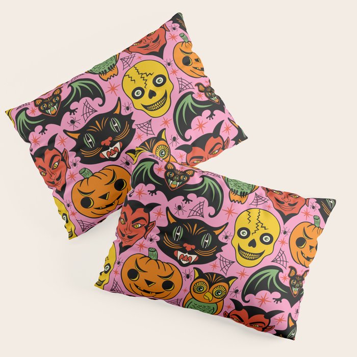 Retro Halloween in Pink - Skull Black Cat Devil Pumpkin Bat Owl Motifs Pillow Sham Gallery Image 1