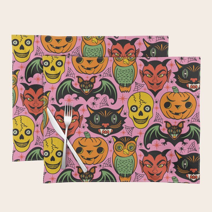 Retro Halloween in Pink - Skull Black Cat Devil Pumpkin Bat Owl Motifs Placemat Gallery Image 1