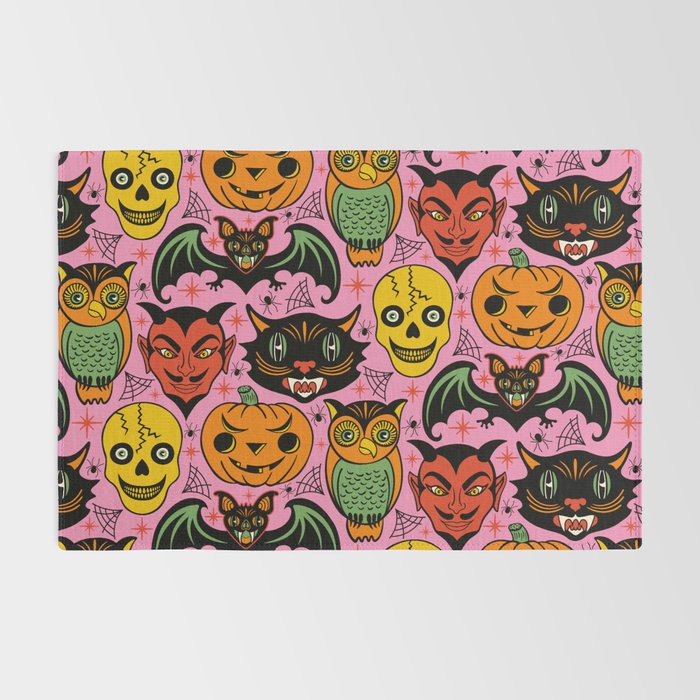 Retro Halloween in Pink - Skull Black Cat Devil Pumpkin Bat Owl Motifs Rug Gallery Image 2