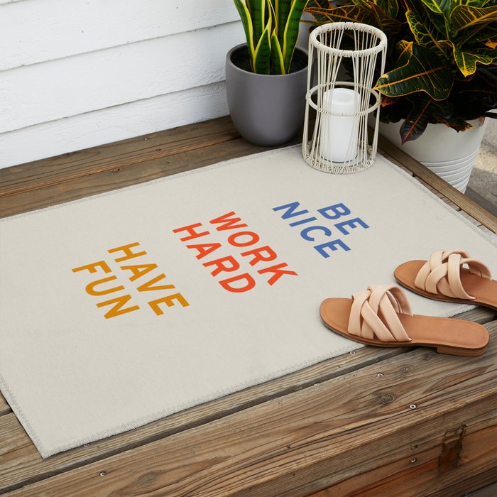 Be Nice, Work Hard, Have Fun | Retro Vintage Bauhaus Typography Outdoor Rug Gallery Image 2