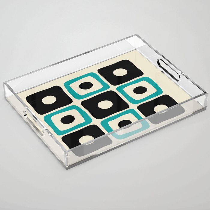 Mid Century Modern Square Dot Pattern 593 Black and Turquoise Acrylic Tray Gallery Image 1