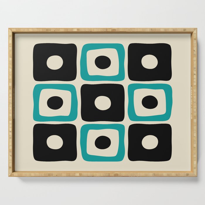 Mid Century Modern Square Dot Pattern 593 Black and Turquoise Serving Tray Gallery Image 1