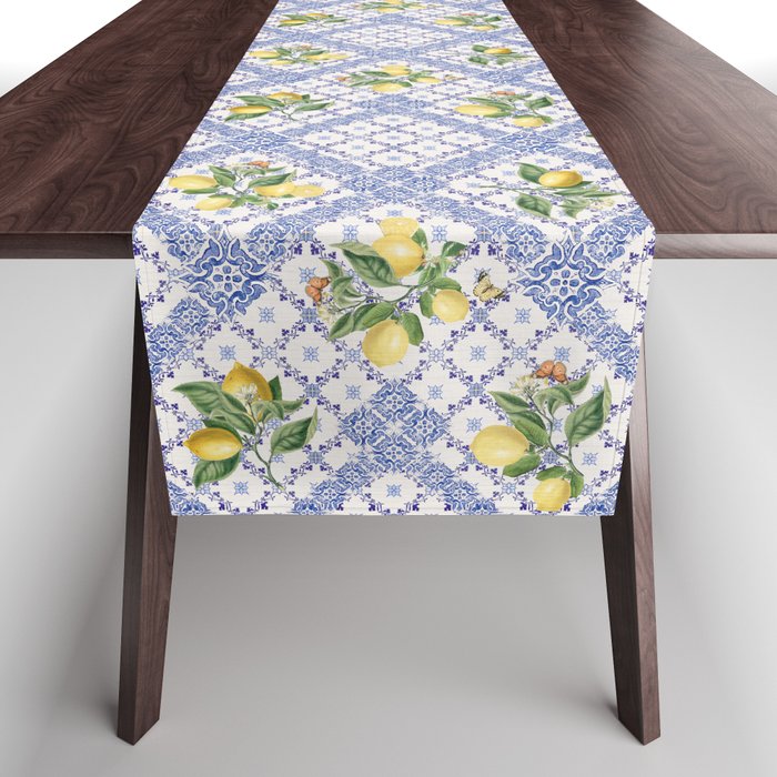 Mediterranean citrus, lemons on blue ceramic tiles Table Runner Gallery Image 1