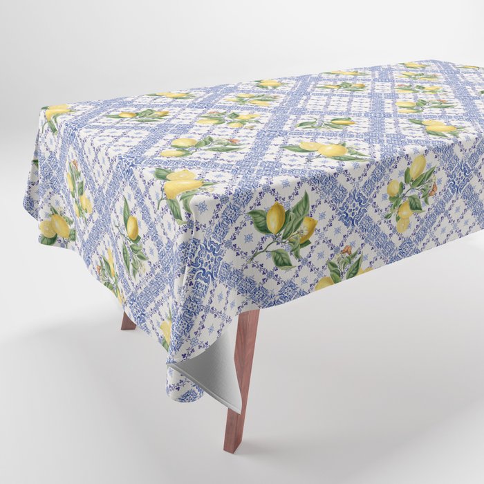 Mediterranean citrus, lemons on blue ceramic tiles Tablecloth Gallery Image 1