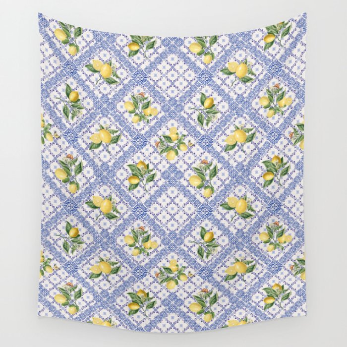 Mediterranean citrus, lemons on blue ceramic tiles Wall Tapestry Gallery Image 4