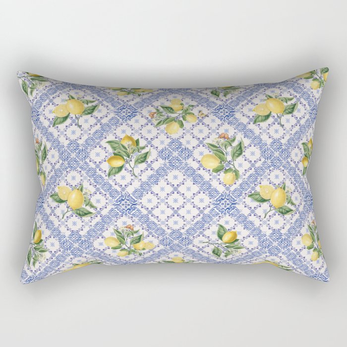 Mediterranean citrus, lemons on blue ceramic tiles Rectangular Pillow Gallery Image 2