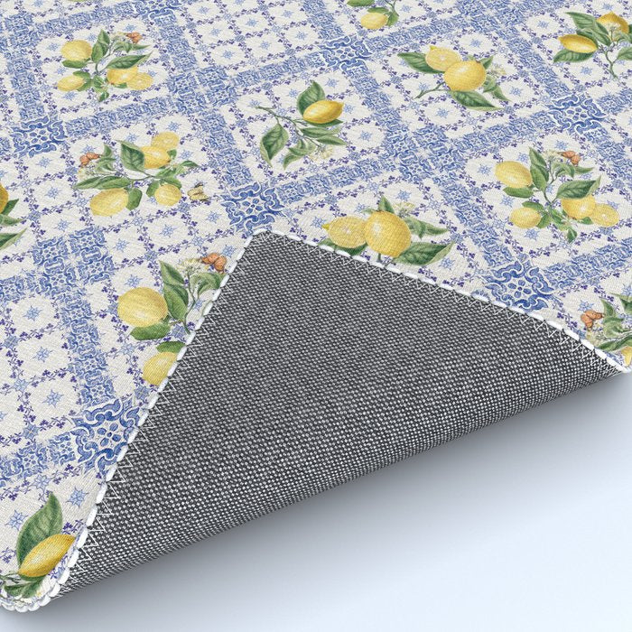 Mediterranean citrus, lemons on blue ceramic tiles Rug Gallery Image 4