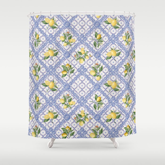 Mediterranean citrus, lemons on blue ceramic tiles Shower Curtain Gallery Image 1