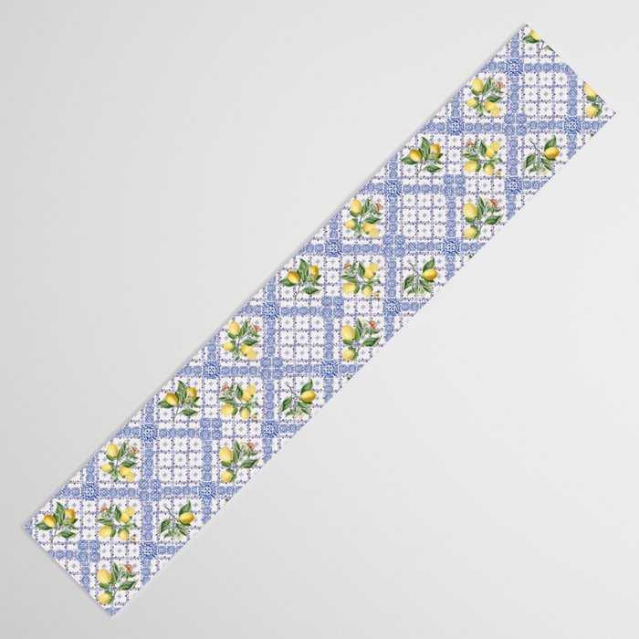 Mediterranean citrus, lemons on blue ceramic tiles Table Runner Gallery Image 3