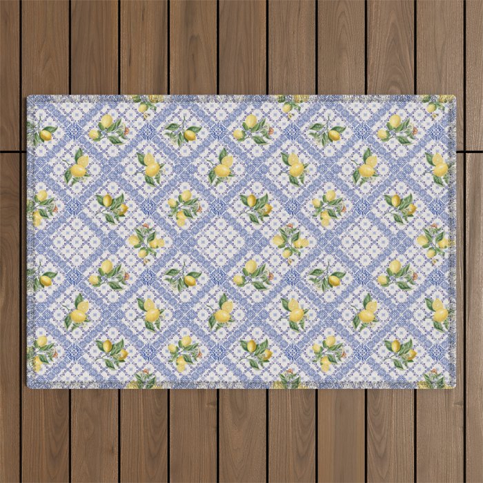 Mediterranean citrus, lemons on blue ceramic tiles Outdoor Rug Gallery Image 1