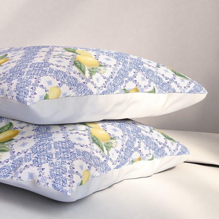 Mediterranean citrus, lemons on blue ceramic tiles Pillow Sham Gallery Image 3