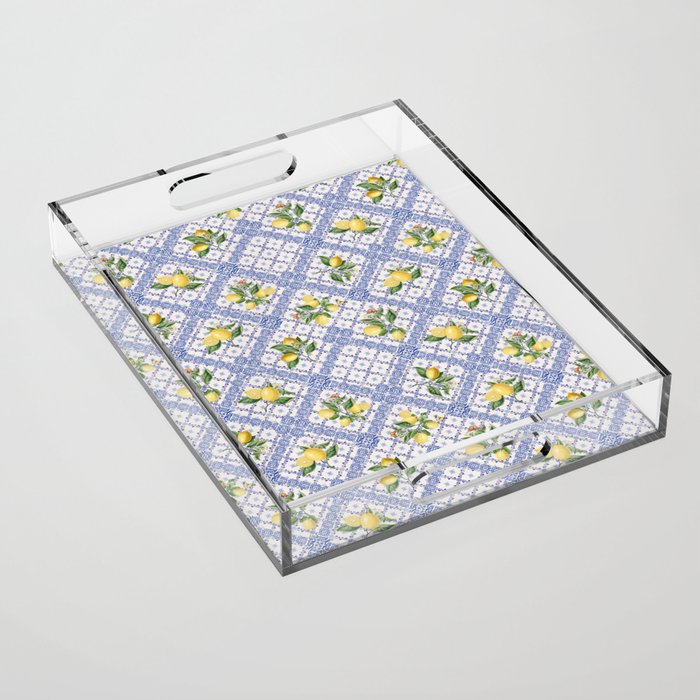 Mediterranean citrus, lemons on blue ceramic tiles Acrylic Tray Gallery Image 1