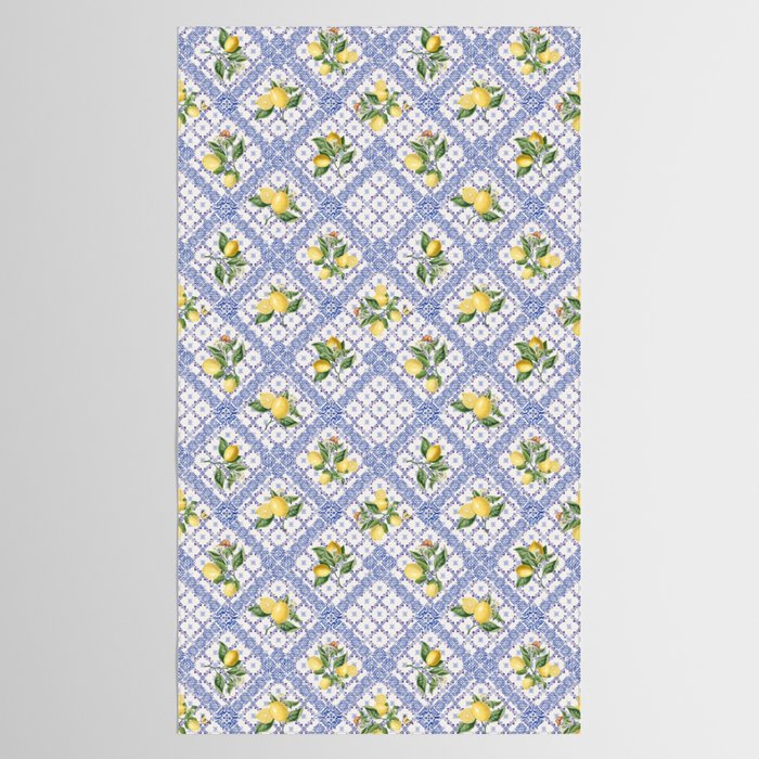 Mediterranean citrus, lemons on blue ceramic tiles Tablecloth Gallery Image 2