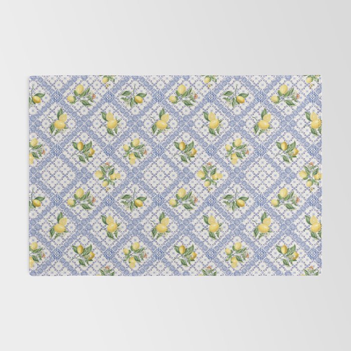 Mediterranean citrus, lemons on blue ceramic tiles Rug Gallery Image 2