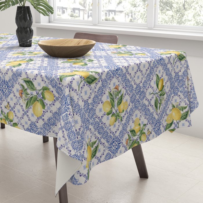 Mediterranean citrus, lemons on blue ceramic tiles Tablecloth Gallery Image 3