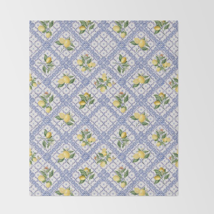 Mediterranean citrus, lemons on blue ceramic tiles Throw Blanket Gallery Image 2