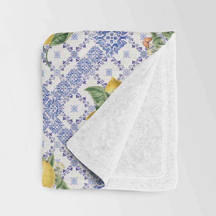 Mediterranean citrus, lemons on blue ceramic tiles Throw Blanket Gallery Image 3