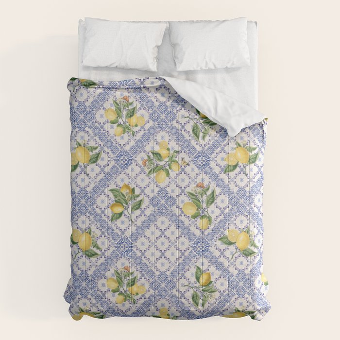 Mediterranean citrus, lemons on blue ceramic tiles Comforter Gallery Image 6