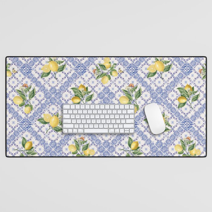 Mediterranean citrus, lemons on blue ceramic tiles Desk Mat Gallery Image 1