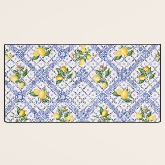 Mediterranean citrus, lemons on blue ceramic tiles Desk Mat Gallery Image 3