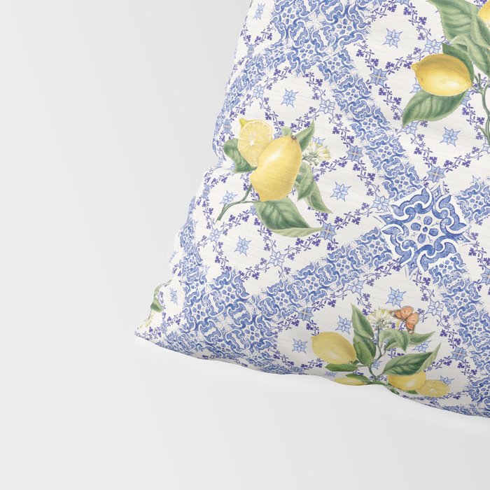 Mediterranean citrus, lemons on blue ceramic tiles Pillow Sham Gallery Image 4