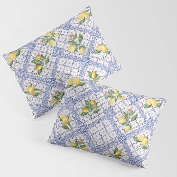 Mediterranean citrus, lemons on blue ceramic tiles Pillow Sham Gallery Image 1