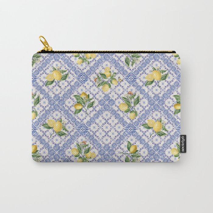 Mediterranean citrus, lemons on blue ceramic tiles Carry All Pouch Gallery Image 1