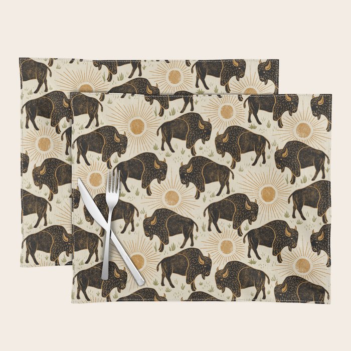 Bison - black, gold, moss green, and cream Placemat Gallery Image 1