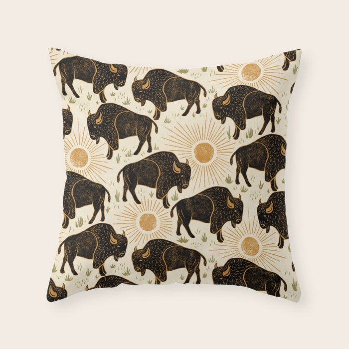 Bison - black, gold, moss green, and cream Throw Pillow Gallery Image 6