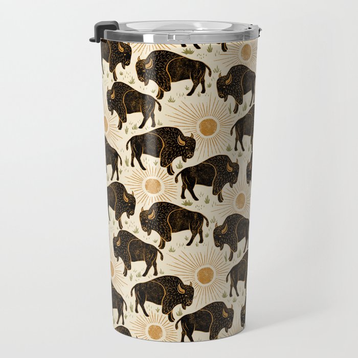 Bison - black, gold, moss green, and cream Travel Mug Gallery Image 3