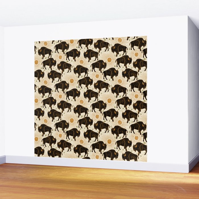 Bison - black, gold, moss green, and cream Wall Mural Gallery Image 2