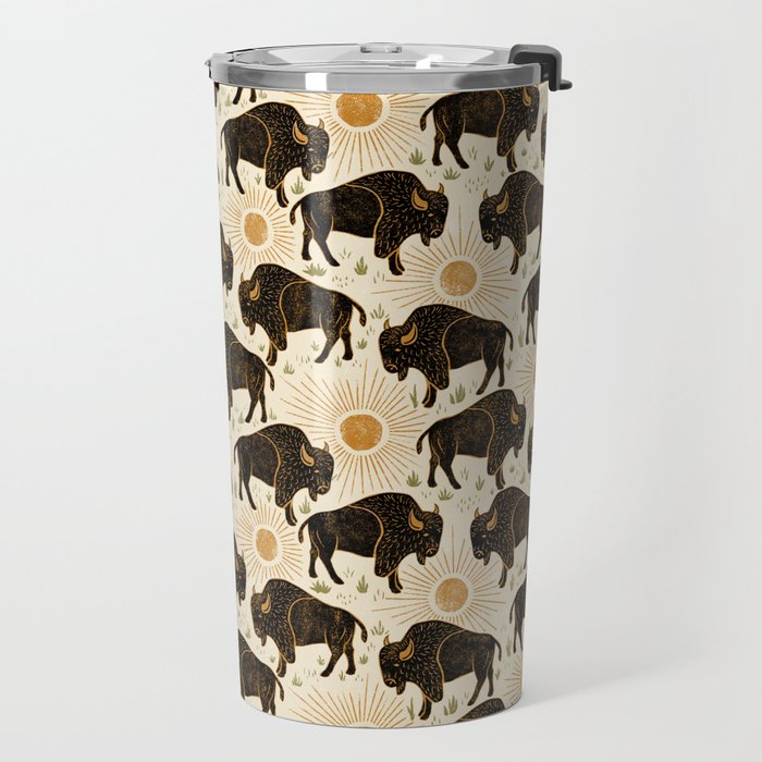 Bison - black, gold, moss green, and cream Travel Mug Gallery Image 2