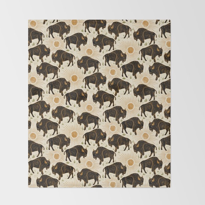 Bison - black, gold, moss green, and cream Throw Blanket Gallery Image 2