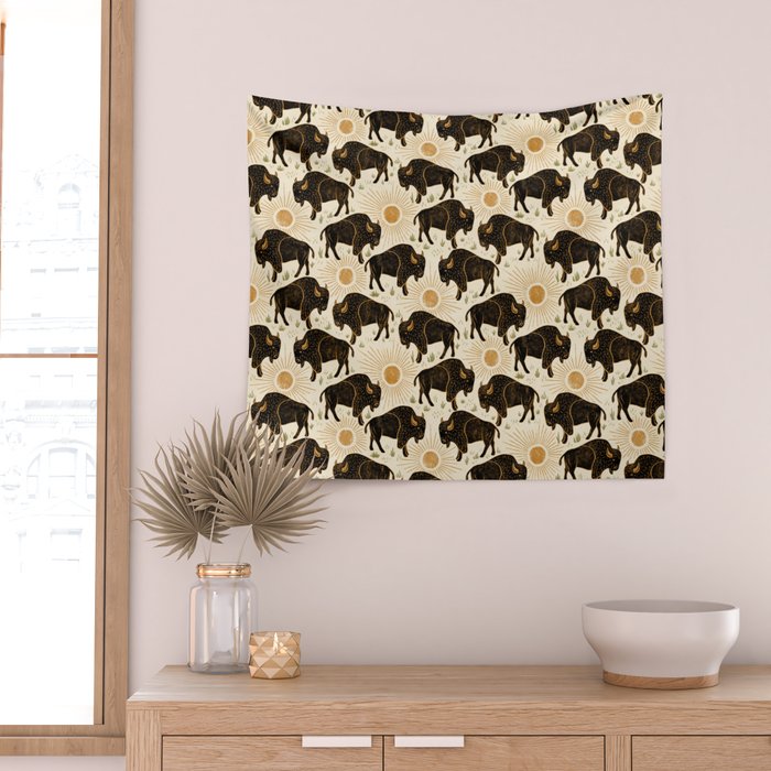 Bison - black, gold, moss green, and cream Wall Tapestry Gallery Image 2