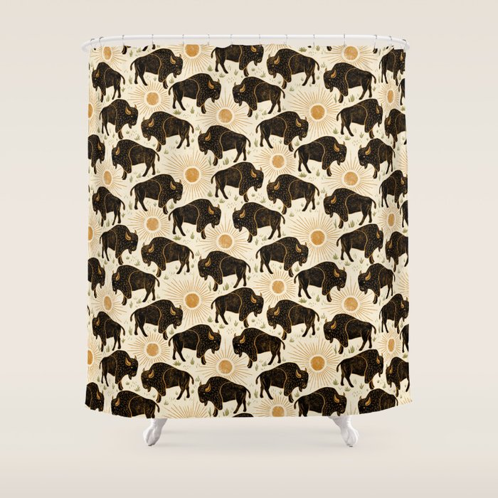 Bison - black, gold, moss green, and cream Shower Curtain Gallery Image 1