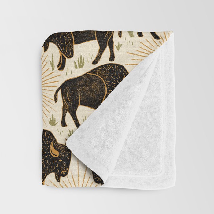 Bison - black, gold, moss green, and cream Throw Blanket Gallery Image 3