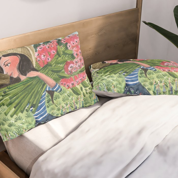 Woman Picking Flowers in the Field Pillow Sham Gallery Image 2